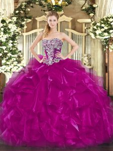 Glittering Fuchsia Sweet 16 Dress Military Ball and Sweet 16 and Quinceanera with Beading and Ruffles Strapless Sleeveless Lace Up