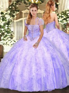 Discount Strapless Sleeveless Tulle Ball Gown Prom Dress Appliques and Ruffles Lace Up