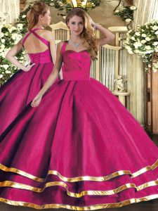 Hot Pink Ball Gowns Halter Top Sleeveless Tulle Floor Length Lace Up Ruffled Layers Quinceanera Dress