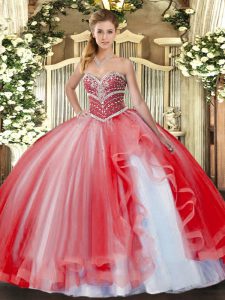 Fashionable Beading and Ruffles Quinceanera Gown Coral Red Lace Up Sleeveless Floor Length
