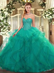 Customized Sleeveless Tulle Floor Length Lace Up Ball Gown Prom Dress in Turquoise with Beading and Ruffles