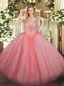 Beading Sweet 16 Dresses Watermelon Red Lace Up Sleeveless Floor Length