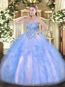 Free and Easy Organza Sweetheart Sleeveless Lace Up Appliques and Ruffles 15th Birthday Dress in Blue And White