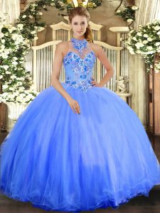 High Class Blue Tulle Lace Up Halter Top Sleeveless Floor Length 15th Birthday Dress Embroidery