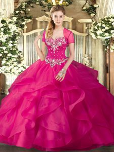 Hot Pink Sweetheart Lace Up Beading and Ruffles Quinceanera Gowns Sleeveless