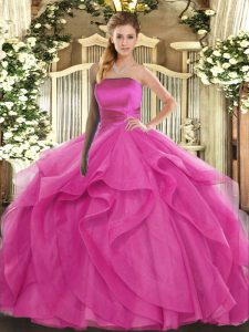 Custom Design Hot Pink Lace Up Sweet 16 Dress Ruffles Sleeveless Floor Length