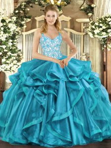 Modest Teal Sleeveless Floor Length Beading and Appliques and Ruffles Lace Up Quinceanera Dress