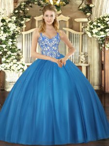 High Quality Ball Gowns Quinceanera Dresses Blue Straps Tulle Sleeveless Floor Length Lace Up