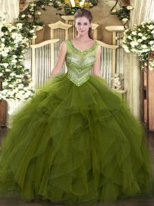 Low Price Tulle Scoop Sleeveless Lace Up Beading and Ruffles Ball Gown Prom Dress in Olive Green