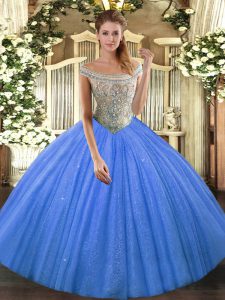 Floor Length Lace Up Quince Ball Gowns Baby Blue for Sweet 16 and Quinceanera with Beading