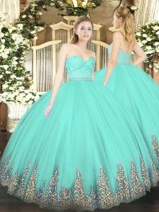 Dynamic Apple Green Quinceanera Gown Military Ball and Sweet 16 and Quinceanera with Beading and Lace and Appliques Sweetheart Sleeveless Zipper