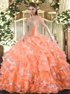 Ideal Orange Red Lace Up Sweetheart Beading and Ruffled Layers Quinceanera Dresses Organza Sleeveless