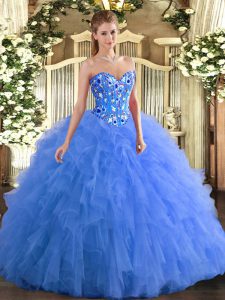Sleeveless Floor Length Embroidery and Ruffles Lace Up Sweet 16 Dress with Blue