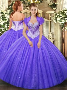 Custom Fit Sweetheart Sleeveless Lace Up Quinceanera Gowns Lavender Tulle