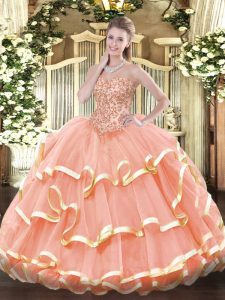 Hot Selling Floor Length Peach 15th Birthday Dress Sweetheart Sleeveless Lace Up