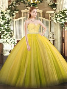 Stylish Gold Ball Gowns Sweetheart Sleeveless Tulle Floor Length Zipper Beading and Lace Quinceanera Gowns
