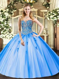 Traditional Beading and Appliques 15th Birthday Dress Blue Lace Up Sleeveless Floor Length