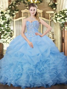 Stunning Organza Sweetheart Sleeveless Lace Up Beading and Ruffles and Pick Ups Sweet 16 Dress in Aqua Blue