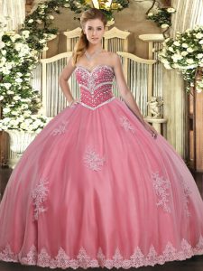 Custom Fit Sweetheart Sleeveless 15th Birthday Dress Floor Length Beading and Appliques Watermelon Red Tulle