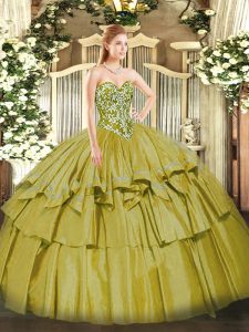 Organza and Taffeta Sweetheart Sleeveless Lace Up Beading and Ruffled Layers Quinceanera Dress in Olive Green