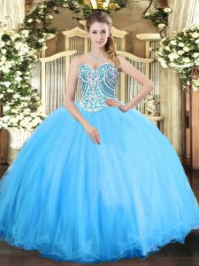 Elegant Sleeveless Floor Length Beading Lace Up Quinceanera Gowns with Aqua Blue