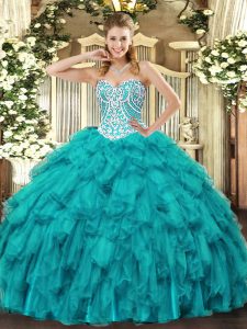 Nice Tulle Sweetheart Sleeveless Lace Up Beading and Ruffles Quince Ball Gowns in Teal