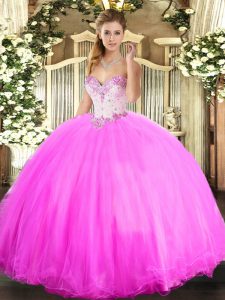 Rose Pink Ball Gowns Beading Sweet 16 Quinceanera Dress Lace Up Tulle Sleeveless Floor Length