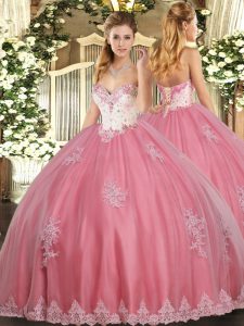 Luxurious Floor Length Watermelon Red Sweet 16 Dresses Tulle Sleeveless Beading and Appliques