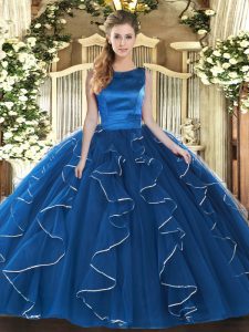Blue Scoop Neckline Ruffles Ball Gown Prom Dress Sleeveless Lace Up