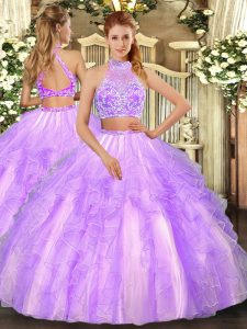 Sleeveless Floor Length Beading and Ruffled Layers Criss Cross Quinceanera Gown with Lavender