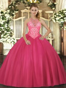 Artistic High-neck Sleeveless Ball Gown Prom Dress Floor Length Beading Hot Pink Tulle