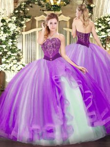 Lavender Sleeveless Floor Length Beading and Ruffles Lace Up Quinceanera Gowns