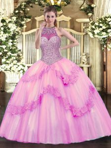 Rose Pink Ball Gowns Tulle Halter Top Sleeveless Beading and Appliques Floor Length Lace Up Ball Gown Prom Dress