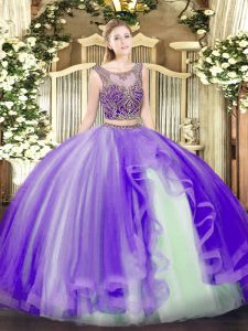 Unique Lavender Scoop Neckline Beading and Ruffles 15 Quinceanera Dress Sleeveless Lace Up
