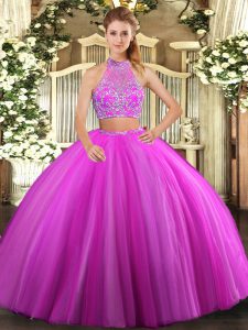 Gorgeous Sleeveless Floor Length Beading Criss Cross Quinceanera Gowns with Fuchsia