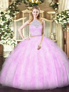Discount Tulle Scoop Sleeveless Zipper Lace and Ruffles Quinceanera Dress in Lilac