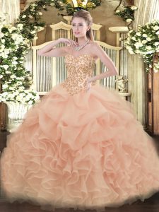 Latest Floor Length Lace Up Quince Ball Gowns Peach for Sweet 16 and Quinceanera with Appliques and Ruffles and Pick Ups