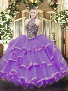 Eggplant Purple Ball Gowns Organza Halter Top Sleeveless Beading and Ruffles Lace Up Quinceanera Gowns