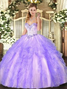 Comfortable Sleeveless Tulle Floor Length Lace Up 15 Quinceanera Dress in Lavender with Beading and Ruffles