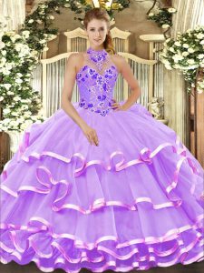 Lavender Sleeveless Floor Length Beading and Embroidery and Ruffled Layers Lace Up Quinceanera Dresses
