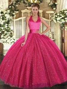Affordable Hot Pink Sleeveless Tulle Lace Up Ball Gown Prom Dress for Military Ball and Sweet 16 and Quinceanera