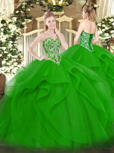 Affordable Green Tulle Lace Up 15 Quinceanera Dress Sleeveless Floor Length Beading and Ruffles