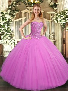 Sleeveless Floor Length Beading Lace Up Ball Gown Prom Dress with Lilac