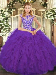 Vintage Floor Length Lace Up Quinceanera Dresses Eggplant Purple for Sweet 16 and Quinceanera with Beading and Ruffles