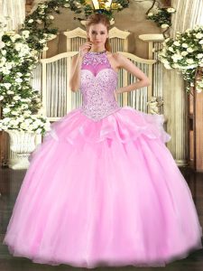 Pink Ball Gowns Halter Top Sleeveless Tulle Floor Length Lace Up Beading Ball Gown Prom Dress