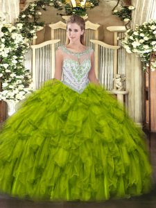 Olive Green Scoop Zipper Beading and Ruffles Ball Gown Prom Dress Sleeveless