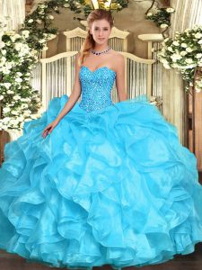 Noble Floor Length Aqua Blue 15th Birthday Dress Organza Sleeveless Beading and Ruffles