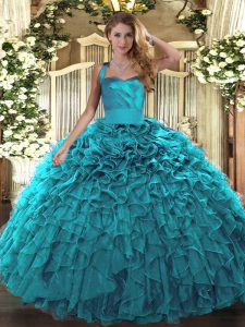 Sleeveless Organza Floor Length Lace Up 15th Birthday Dress in Teal with Ruffles