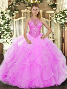 Excellent Rose Pink Ball Gowns High-neck Sleeveless Organza Floor Length Lace Up Beading and Ruffles 15th Birthday Dress