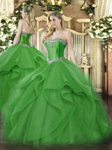 Floor Length Green Vestidos de Quinceanera Tulle Sleeveless Beading and Ruffles